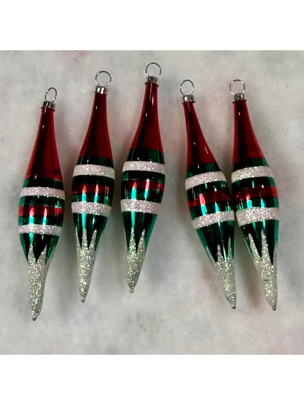 Blown Glass Long Tapered Ornaments - Striped Red, White, and Green - Set of 5